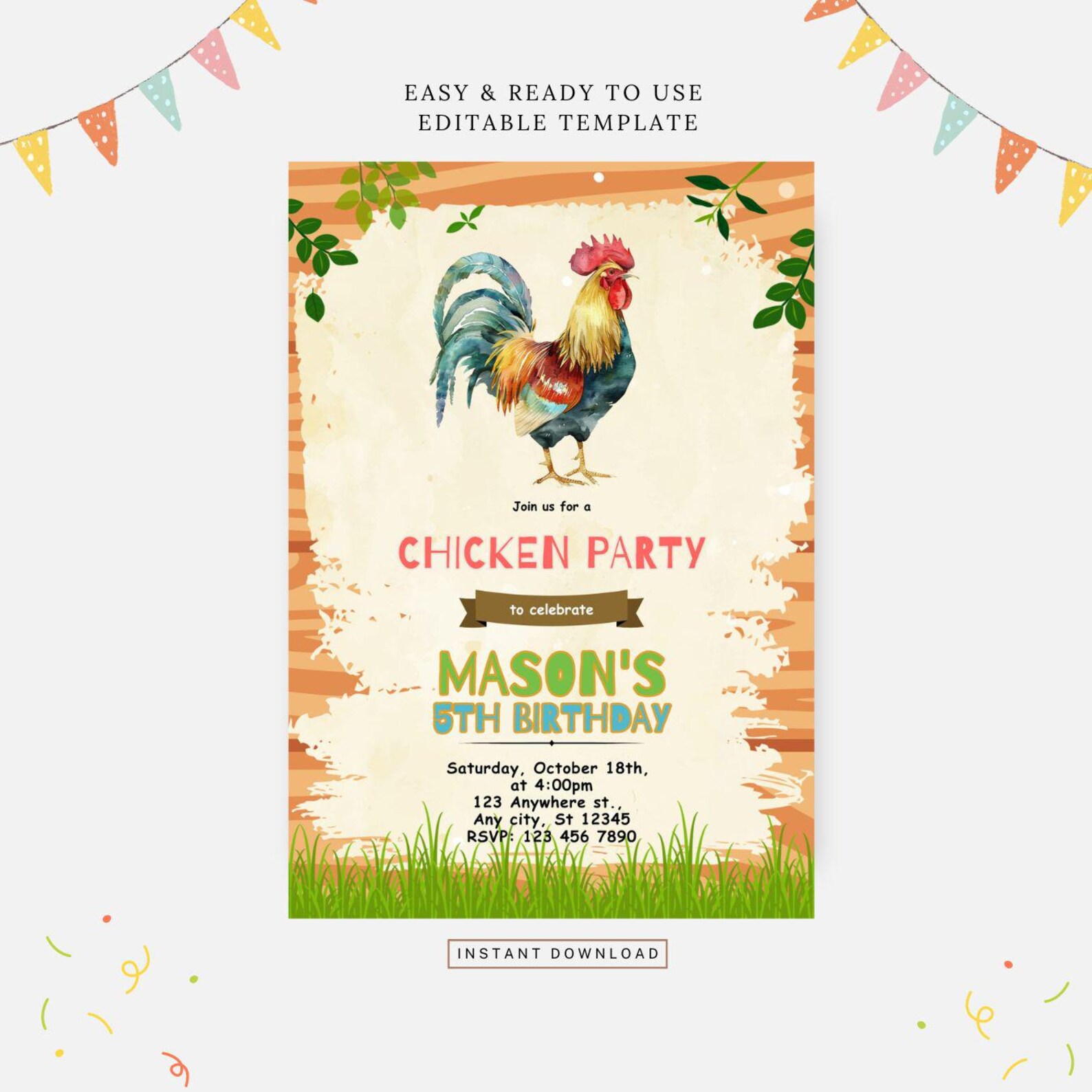 Rooster Birthday Invitation, Editable Template, Instant Download, DIY ...