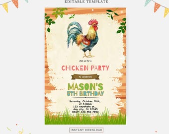 May include: A colorful invitation for a chicken party to celebrate Mason's 5th birthday. The invitation features a cartoon rooster, a wooden background, and green grass. The text reads "Join us for a Chicken Party to celebrate Mason's 5th Birthday. Saturday, October 18th, at 4:00pm, 123 Anywhere st., Any city, St 12345, RSVP: 123 456 7890. Instant Download."