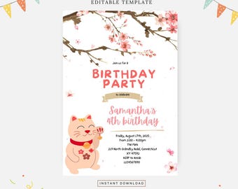 Lucky cat party invitation, Editable template, Instant download, DIY invitation