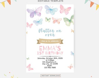 Regenbogen Pastell Schmetterling Einladung, bearbeitbare Vorlage, Sofort-Download, DIY-Einladung