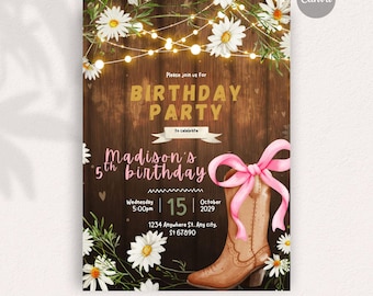 Daisy cowgirl boot invite, Instant Download DIY Invitation, Editable invitation, Digital Stationery, Fully Personalizable