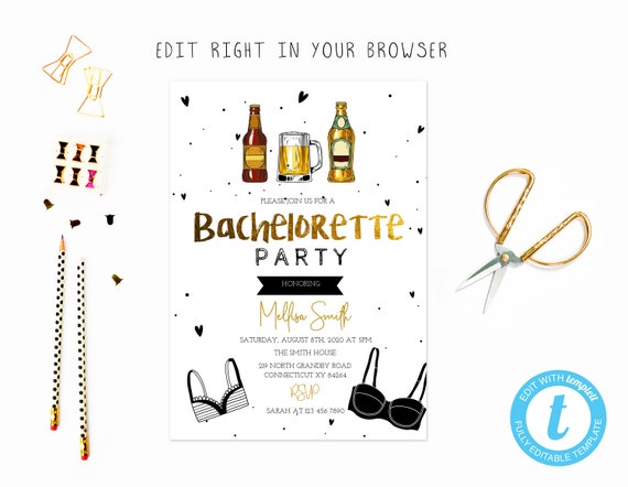 Beers and Bras Bachelorette Party tem, TRY BEFORE you BUY, instant  download, edit yourself invitation,Template Editable