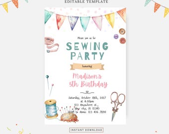 Sewing party invitation, Editable template, Instant download, DIY invitation