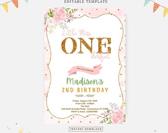 Little Miss ONEderful födelsedagskalas, redigerbar mall, direktnedladdning, gör-det-själv-inbjudan