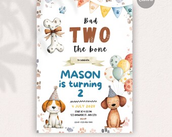 Bad Two the Bone dog invitation, Instant Download DIY Invitation, Editable invitation, Digital Stationery, Fully Personalizable