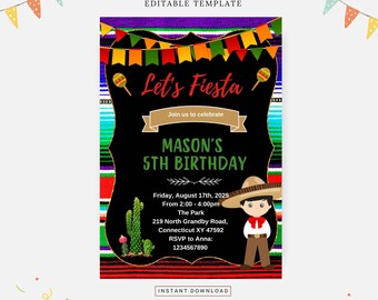 Charro fiesta födelsedagsfest, redigerbar mall, direktnedladdning, gör-det-själv-inbjudan