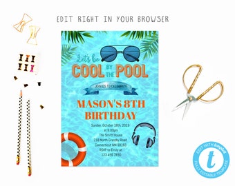 Be cool by the pool party tem, TRY BEFORE you BUY, instant download, edit yourself invitation,Template Editable