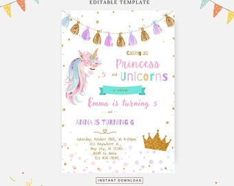 Princess and unicorn birthday invitation, Editable template, Instant download, DIY invitation
