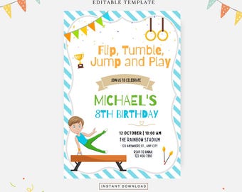 Boy gymnastic party invitation, Editable template, Instant download, DIY invitation
