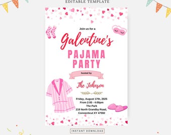 Uitnodiging Galentines pyjamafeest, bewerkbare sjabloon, direct downloaden, DIY-uitnodiging