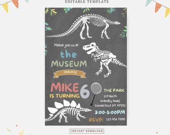 Museumsfödelsedag för dinosaurier, redigerbar mall, direktnedladdning, gör-det-själv-inbjudan