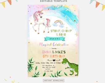 Dinosaur and unicorn birthday invitation, Editable template, Instant download, DIY invitation