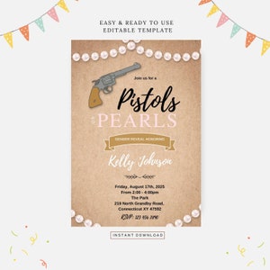 Pistol or pearls gender reveal party, Editable template, Instant download, DIY invitation