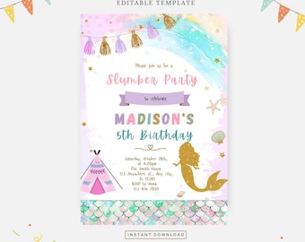Mermaids sleepover birthday invitation, Editable template, Instant download, DIY invitation