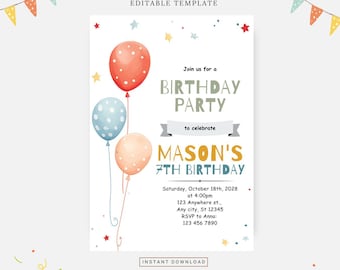 Balloon birthday boy invitation, Editable template, Instant download, DIY invitation