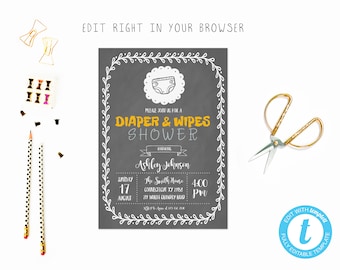Diaper and wipe shower tem, TRY BEFORE you BUY, instant download, edit yourself invitation,Template Editable