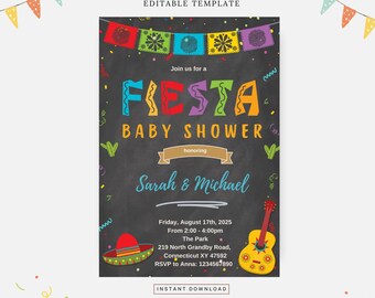May include: A colorful chalkboard style invitation for a baby shower with the text "Fiesta Baby Shower" in rainbow colors. The invitation includes the names "Sarah & Michael", the date "Friday, August 17th, 2025", the time "From 2:00 - 4:00pm", the location "The Park", the address "219 North Grandby Road, Connecticut XY 47592", and the RSVP information "RSVP to Anna: 1234567890".