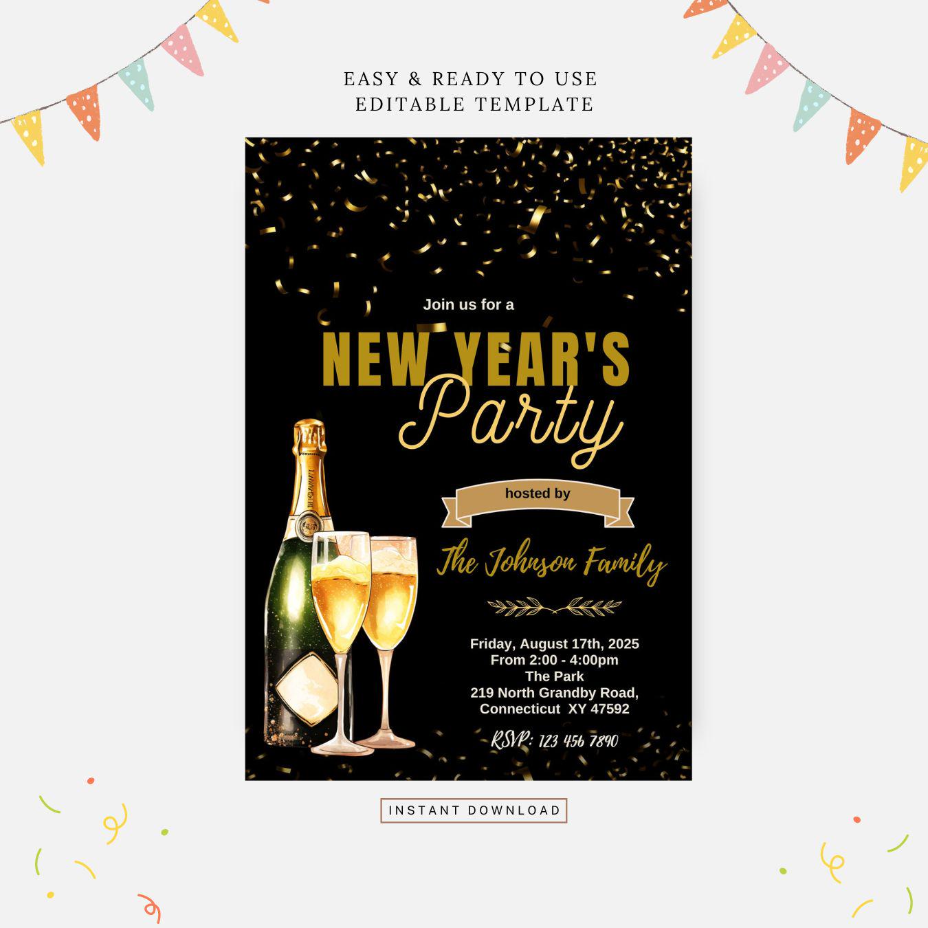 New year party invitation, Editable template, Instant download, DIY  invitation, image size:1350x1350