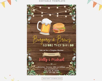 Könnte beinhalten: Einladung zu einer Paar-Brautparty zum Thema Burger & Bier mit rustikalem Holz-Hintergrund, einem Bierkrug, einem Burger und floralen Akzenten. Die Einladung enthält Datum, Uhrzeit, Ort und RSVP-Informationen.
