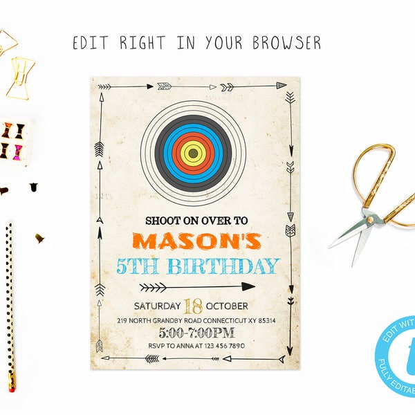 Archery birthday party tem, TRY BEFORE you BUY, instant download, edit yourself invitation,Template Editable