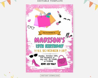 Mall Scavenger Hunt , Editable template, Instant download, DIY invitationinvitations