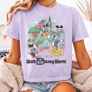 May include: A light purple t-shirt featuring a colorful graphic of Disney characters and landmarks, including Mickey Mouse, Minnie Mouse, and Cinderella's castle. The text "Walt Disney World" is printed below the graphic.