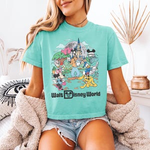 May include: A turquoise t-shirt featuring a colorful graphic of Disney characters at Walt Disney World. The design includes Mickey Mouse, Minnie Mouse, Donald Duck, and Pluto, with the text "Walt Disney World" below the image.