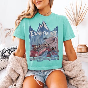 May include: A turquoise t-shirt featuring a graphic of the Everest ride at Walt Disney World. The design includes the word "Everest" above a mountain scene with cartoon characters and the words "Walt Disney World" below.