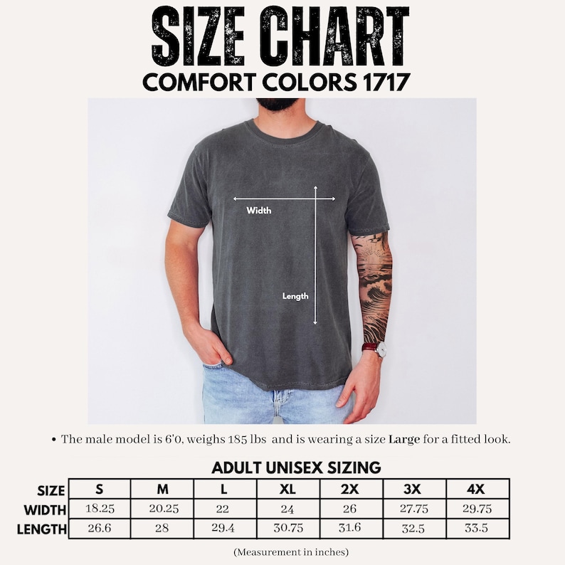 size chart, unisex fit, true to size, comfort colors brand