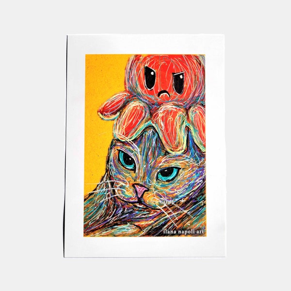 Playful Wall Art | Grumpy Cat with Reversible Mood Octopus Plushie Hat | Delightful 5x7" Art Print