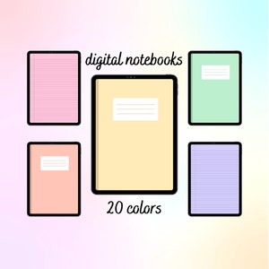 May include: Five digital notebooks in different colors and styles. The notebooks are displayed on a gradient background. The text "digital notebooks" and "20 colors" is displayed below the notebooks.