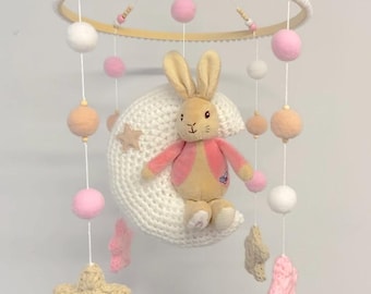 Baby Girls Pink Flopsy Bunny Rabbit Moon & Stars Nursery Cot Mobile