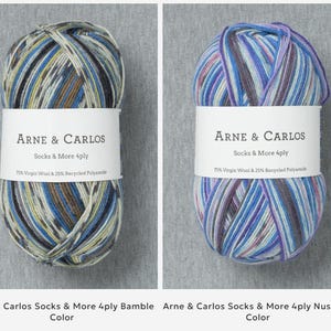 May include: Two skeins of Arne & Carlos Socks & More 4ply yarn. One is a mix of blue, yellow, and brown. The other is a blend of purple, blue, and gray. Each has a white label with the brand name and fiber content.