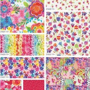 May include: A collection of eight fabric swatches featuring colorful floral patterns. The swatches are arranged in a grid with the fabric numbers printed below each swatch. The numbers are 21821, 21828, 21825, 21822, 21827, 21823, 21829, and 21824.