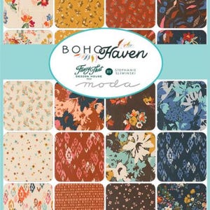 May include: A collection of fabric squares with floral and geometric patterns in various colors, including orange, blue, and yellow. The text "BOHO Haven" and "Fancy That Design House" are displayed in the center.