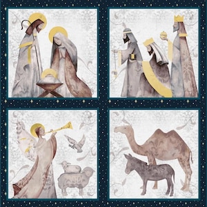 May include: A fabric panel featuring four square illustrations of a nativity scene with gold accents on a dark blue starry background. The text Silent night, holy night is printed vertically along the sides in a repeating pattern.