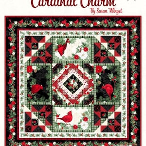 May include: A square table topper with a cardinal bird theme. The design features red cardinals, holly, and floral patterns on a black, white, and green background. The table topper measures 58.5 inches by 58.5 inches. The text "Cardinal Charm" is displayed.