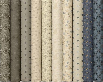 May include: A collection of rolled fabric bolts in various shades of blue, gray, and beige. The fabrics feature floral, paisley, and geometric patterns. The bolts are arranged side by side, showcasing the variety of designs and colors.
