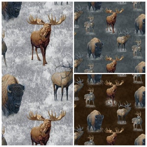 Big Game Cotton Fabric Print. Elk- Deer - Buffalo - Moose