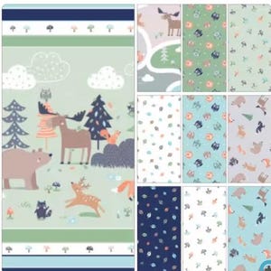 May include: A collection of fabric patterns featuring woodland animals and nature scenes. The main panel shows a bear, moose, deer, fox, and owl in a forest setting. Other patterns include leaves and animal repeats in various colors.
