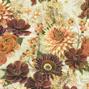 May include: A fabric pattern featuring a dense arrangement of flowers and berries in shades of deep burgundy, burnt orange, and soft peach. The design includes large dahlias and smaller blossoms with gold outlines on a textured beige background.