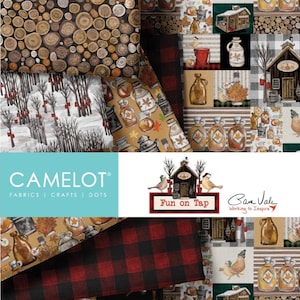 May include: A collection of fabric swatches with various patterns. Designs include wood slices, a winter scene, maple syrup bottles, red and black buffalo check, and birds. The Camelot Fabrics logo is visible.
