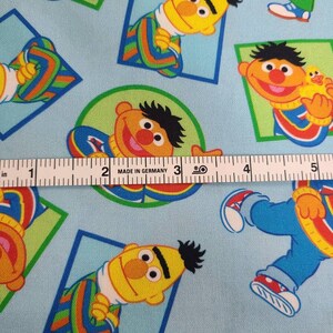 May include: Blue fabric with a repeating pattern of Sesame Street's Big Bird. Big Bird is wearing a blue and green striped shirt and has a yellow face with a black eyebrow. The fabric is 12.7 cm wide.