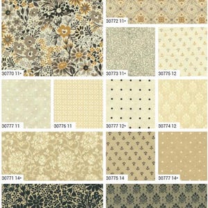 Puede incluir: Una colección de muestras de tela con varios patrones. Los diseños incluyen estampados florales, lunares, geométricos y damasco en colores neutros como beige, marrón y negro. Cada muestra tiene un diseño único y un código de producto.