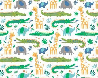 Jungle elephants, alligator, crocodile cotton flannel