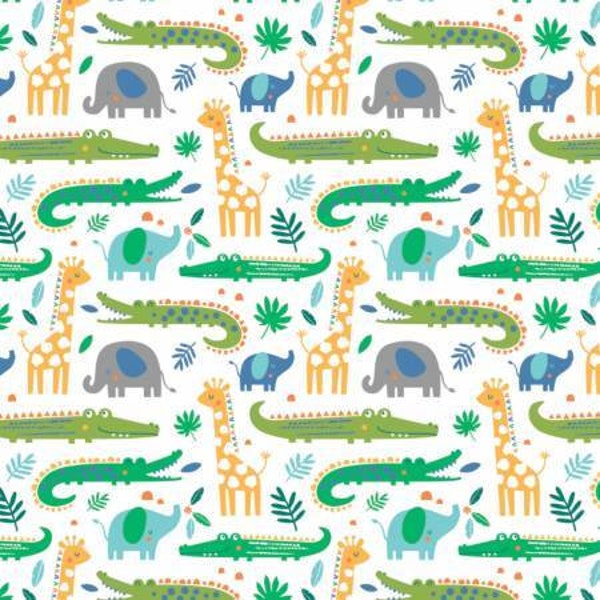 Jungle elephants, alligator, crocodile cotton flannel