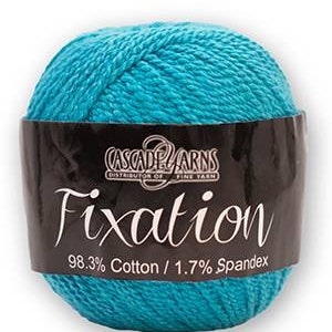 May include: A ball of teal blue yarn labeled "Fixation" by Cascade Yarns. The label also states that the yarn is 98.3% cotton and 1.7% spandex.