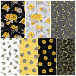 Mellow Yellow Floral Bee Cotton Quilting fabric
