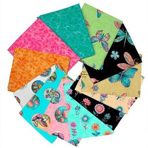 May include: A set of ten fabric squares featuring various designs, including butterflies, dragonflies, mushrooms, and floral patterns. The fabrics are in shades of green, blue, pink, orange, and brown.