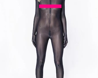 Shiny Black Netting Catsuit with Gloves and Closed Feet
